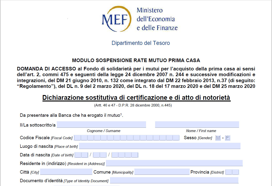 Pubblicato il nuovo modulo per accedere al Fondo per la sospensione dei mutui sulla prima casa